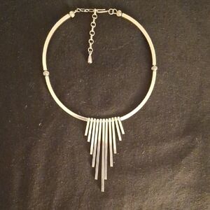 Silver Geometric Statement Necklace with Fringe